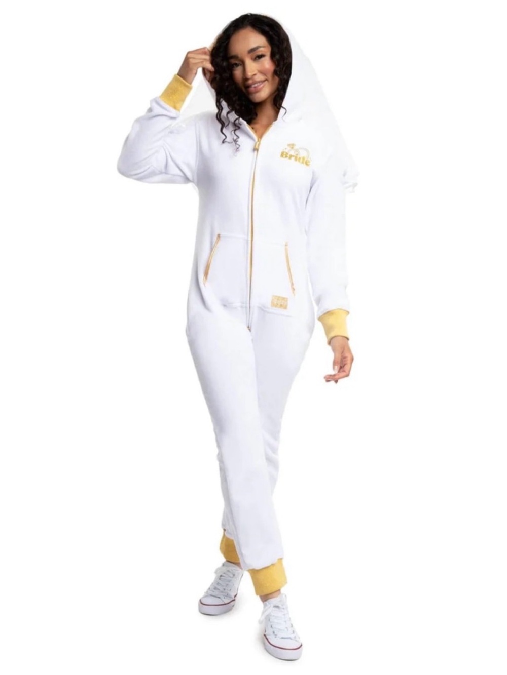 Tipsy Elves White Hooded “Bride” Jumpsuit with Gold Trim